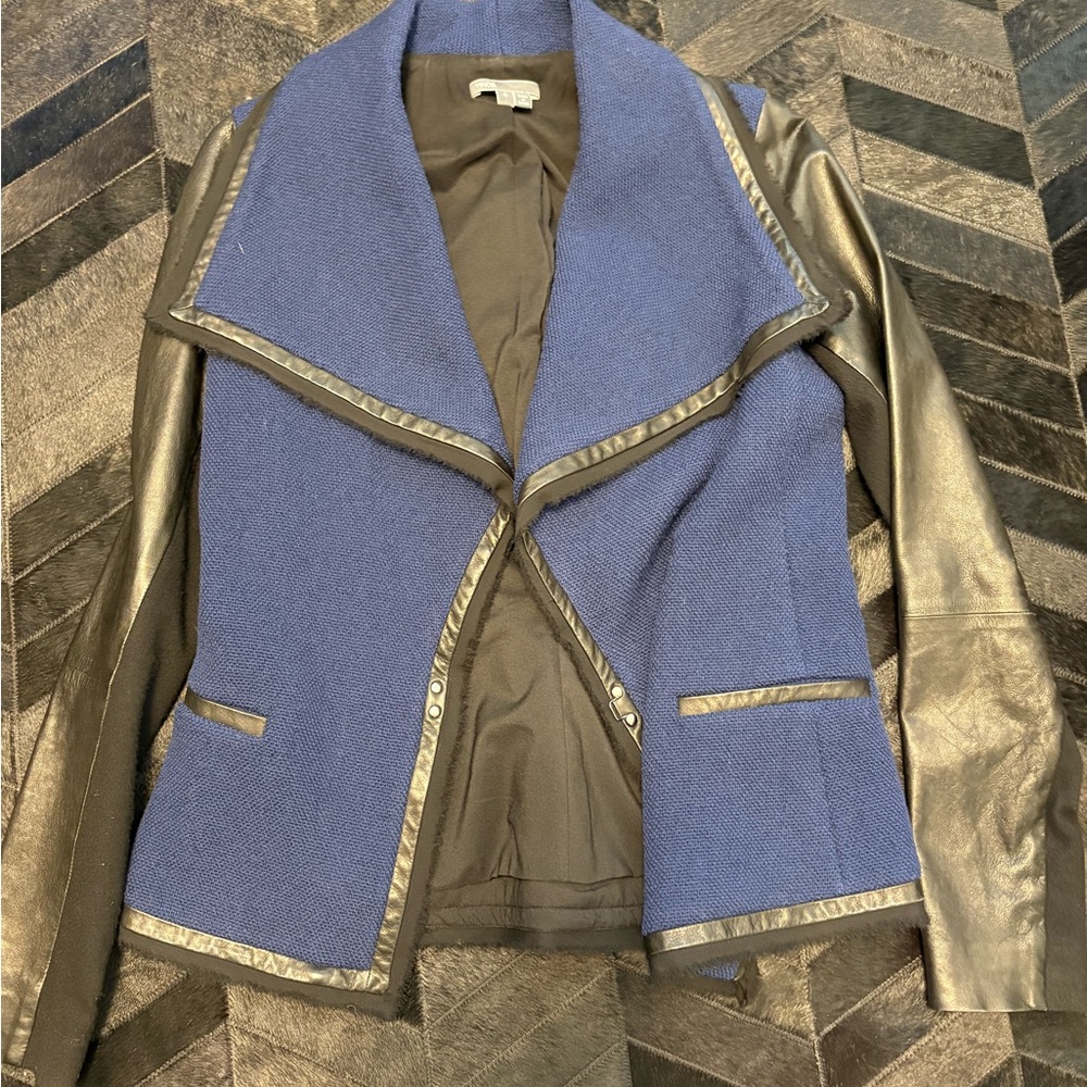 Vince Women's Blue and Black Leather Moto Jacket size 4